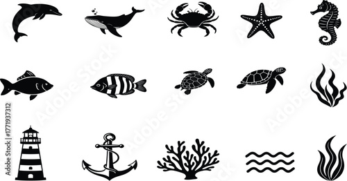 A collection of black and white nautical icons, perfect for summer designs. Includes sea animals, plants, and nautical symbols. Isolated on a white background.