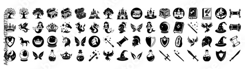 A collection of fantasy and magic icons including castles, dragons, wizards, potions, shields, swords, and mythical creatures
