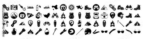 A large collection of camping and hiking icons, including tents, backpacks, compasses, maps, boots, binoculars, flashlights, and campfires, all isolated on a