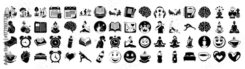 A diverse collection of icons representing health, wellness, and lifestyle, including yoga, meditation, brain, heart, coffee, and time management