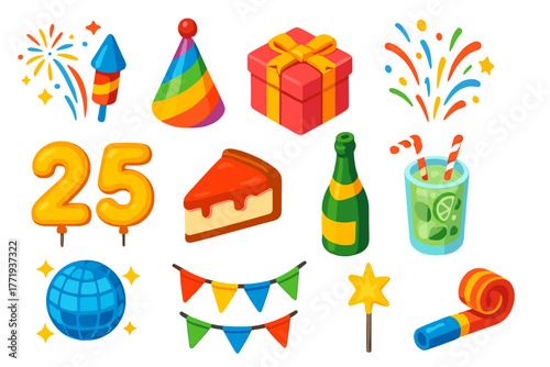 Festive Celebration Icons. Isometric vector illustration set celebration elements: festival fireworks, rainbow foil party hat,