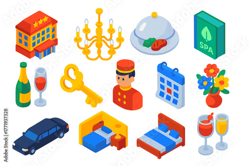 Luxury Hospitality Icons. Isometric vector illustration set Luxury Hospitality Icons: five-star hotel building, chandelier,