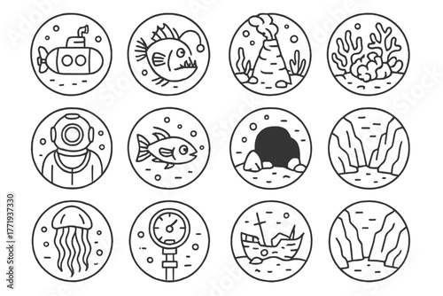 Deep Sea Icon Collection. Line style icons of deep sea in round shape: submarine, anglerfish, hydrothermal vent, coral reef; deep
