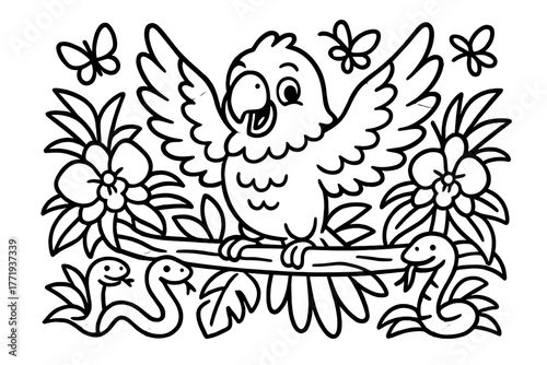 Jungle Parrot Scene. Cheerful parrot spreading wings on a jungle branch with butterflies, snakes, and orchids, black and white
