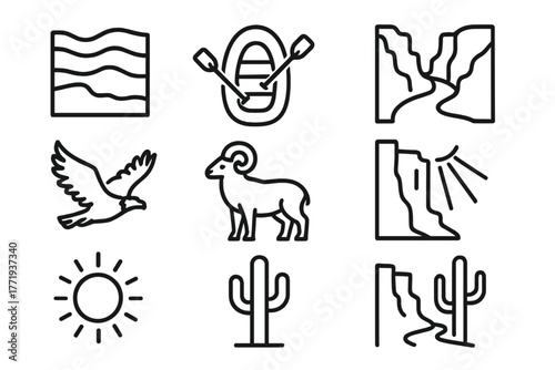 Canyon Icon Elements. Line style icons of Canyon: Layer of Rock, Raft, River, Condor, Bighorn Sheep, Cliff Edge, Sunbeam, Cactus,