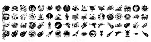 Extensive collection of space and science fiction icons, featuring planets, rockets, astronauts, aliens, stars, and celestial bodies, rendered in a striking black and white silhouette style on a