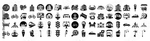 Collection of city and transportation icons, including buildings, traffic lights, cars, bicycles, and street signs, presented in a clean, black and white silhouette style on a
