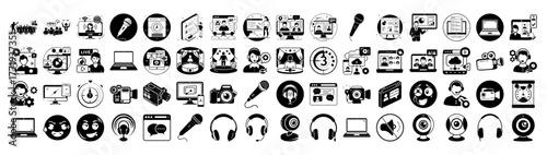 Comprehensive set of communication and technology icons, including people, computers, microphones, cameras, and headphones, presented in a clear black and white silhouette style on a