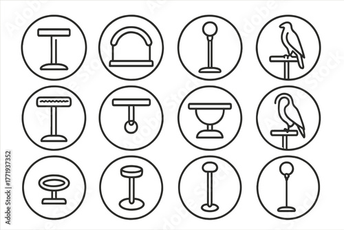 Falcon Perches Icons. Line style icons of falcon perches in round shape: block perch, bow perch, tall perch, field perch; padded