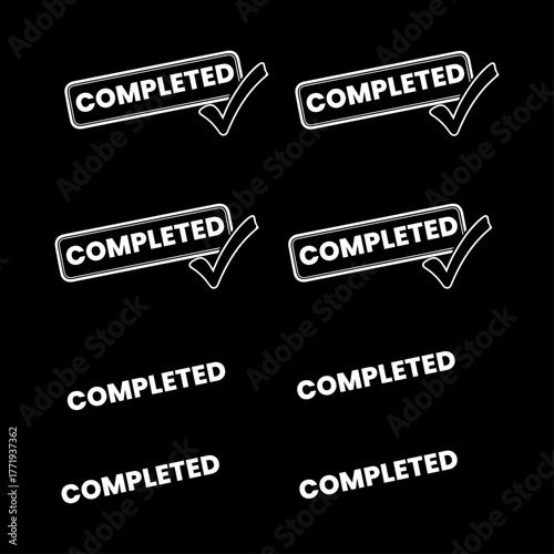 A set of completed emblems with checkmarks, symbolizing finished tasks and success. Emblems are neatly arranged against a stark black backdrop.