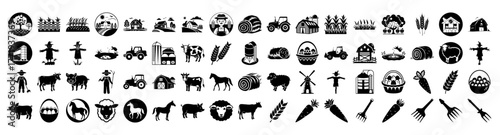 A diverse assortment of black and white icons related to farming and agriculture, featuring elements like tractors, barns, farm animals, crops, and gardening tools, all isolated on a