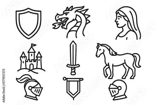 Knight's Quest Icons. Line style icons of Knight's Quest: Shield, Dragon, Fair Maiden, Distant Castle, Sword, Horse, Helmet,