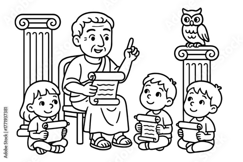 Roman Senator Lessons. Curious Roman senator teaching children with scrolls, columns, and owls nearby, black and white line art,