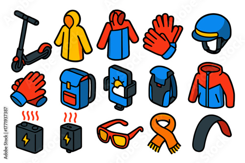 Weather-Ready Scooter Essentials. Isometric vector illustration set Weather-ready E-Scooter Icons: scooter with fenders, raincoat,