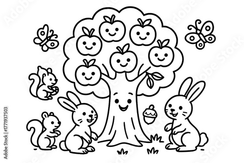 Playful Orchard Scene. Playful apple tree with happy fruits hanging while rabbits, squirrels, and butterflies play nearby, black