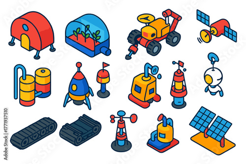 Interplanetary Exploration Icons. Isometric vector illustration set Interplanetary Exploration Icons: Mars habitat, space