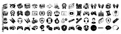 A collection of gaming icons including controllers, headphones, trophies, and gamerelated symbols
