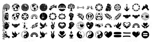 Collection of diverse icons representing peace, unity, and global harmony, including symbols like the earth, hands shaking, hearts, olive branches, and the yin yang sign, all isolated on a