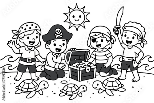 Pirate Treasure Discovery. Playful pirate children discovering a treasure chest on the beach with turtles, waves, and a smiling