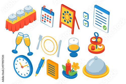 Catering Event Essentials. Isometric vector illustration set Catering and Banquet Scheduling Icons: buffet table, event calendar,