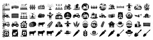 Photos An assortment of farming icons representing crops, livestock, machinery, and far