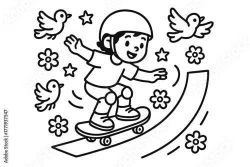 Skateboarder with Cheerful Elements. Skateboarding child with helmet gliding down a ramp with birds, flowers, and stars cheering,