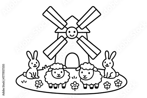 black and white windmill, sheep, rabbits clip art preview