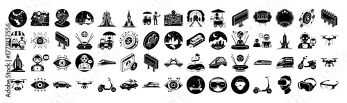 A collection of black and white icons representing transportation, technology, and futuristic concepts, including cars, drones, scooters, and vr headsets, all isolated on a