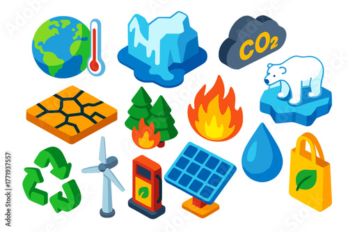 Global Warming Icons. Isometric vector illustration set Global Warming Icons: earth with thermometer, melting glacier, CO2 symbol,