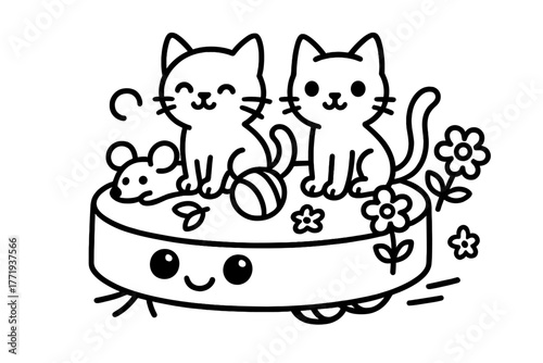 Whimsical Robot Adventure. Playful robot vacuum cleaner rolling across the floor with cats, toys, and flowers riding on top, black