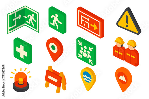 Emergency Navigation Icons. Isometric vector illustration set Emergency Navigation Icons: evacuation map, safety exit sign, fire