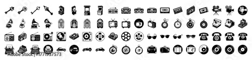 Compilation of retro and modern technology icons, including cameras, radios, telephones, and record players