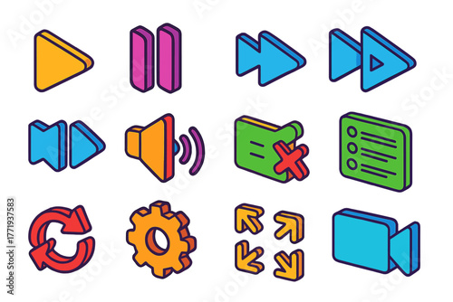 Bright Control Icons. Isometric vector illustration set Entertainment Control Icons: play triangle, pause lines, stop square, skip