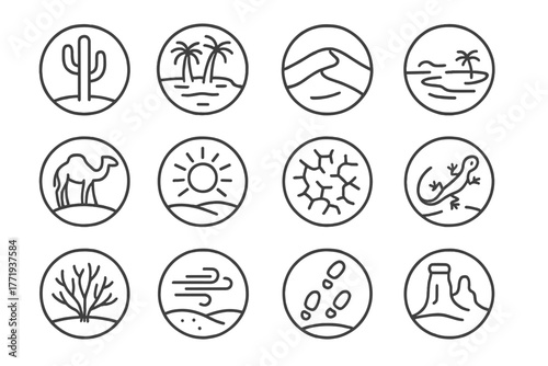 Desert Icons Collection. Line style icons of desert in round shape: cactus, oasis, sand dune, mirage; camel, desert sun, cracked
