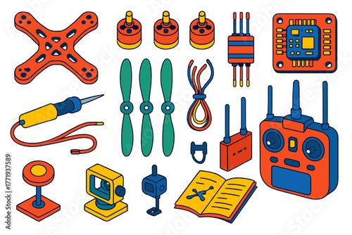 DIY Drone Kit. Isometric vector illustration set DIY Drone Building Kit: drone frame, brushless motors, electronic speed