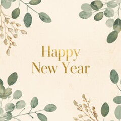 Happy New Year greeting card with a botanical frame of eucalyptus