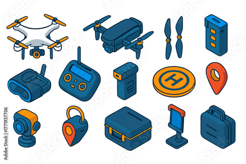 Drone Photography Essentials. Isometric vector illustration set Drone Photography Gear: quadcopter drone, foldable drone, drone