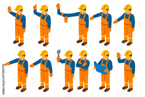 Construction Hand Signals Icons. Isometric vector illustration set Construction Hand Signals: stop crane, lift signal, lower