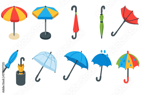 Vibrant Umbrella Icons. Isometric vector illustration set Outdoor Umbrella Icons: beach umbrella, patio umbrella, open rain