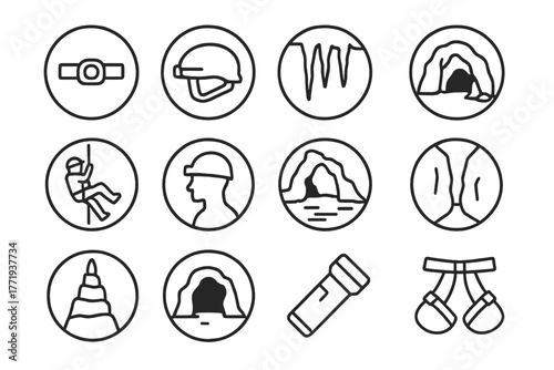 Caving Icons Collection. Line style icons of caving in round shape: headlamp, helmet, stalactite, cavern; rope descent, caver