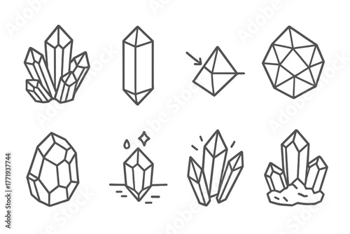 Line Style Crystals. Line style icons of Crystal Formation: Cluster, Prism, Refracted Light, Geometric Shape, Faceted Crystal,