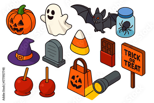 Halloween Icon Collection. Isometric vector illustration set Halloween Trick or Treat Icons: carved pumpkin, giggling ghost,