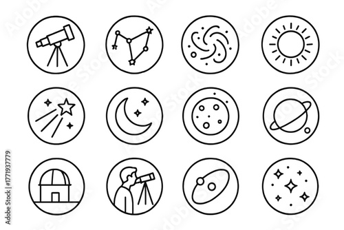 Astronomy Line Icons. Line style icons of astronomy in round shape: telescope, constellation, nebula, solar eclipse; shooting star