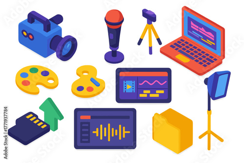 Editing Room Icons. Isometric vector illustration set Editing Room Icons: video camera, microphone, tripod, laptop, palette,