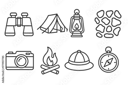 Safari Camp Icons. Line style icons of Safari Camp: Binoculars, Canvas Tent, Lantern, Animal Print, Vintage Camera, Campfire, Pith