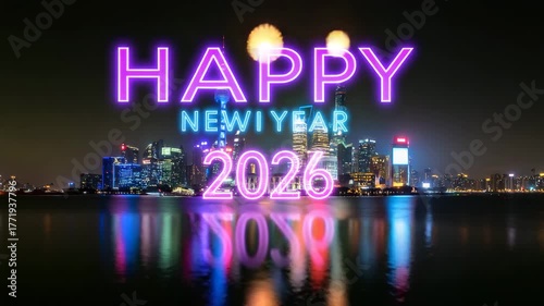 Neon Happy New Year 2026 Text Over Modern City Skyline with Reflections at Night
