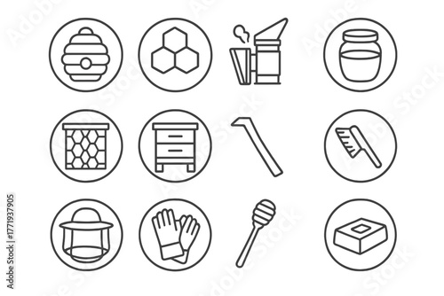 Beekeeping Essentials Icons. Line style icons of beekeeping in round shape: beehive, honeycomb, smoker, nectar jar; bee frame,