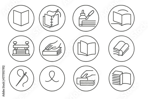 Bookbinding Process Icons. Line style icons of bookbinding processes in round shape: folding signatures, sewing folios, gluing