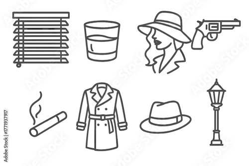 Film Noir Icons. Line style icons of Film Noir: Venetian Blinds, Whiskey Glass, Femme Fatale, Pistol, Smoking Cigarette, Trench