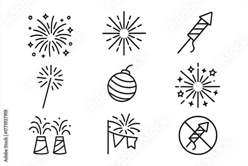 Line Style Fireworks Icons. Line style icons of Fireworks Display: Night Sky, Star Burst, Launch Tube, Sparkler, Firework Shell,